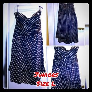 Juniors strapless navy/white polka dot dress